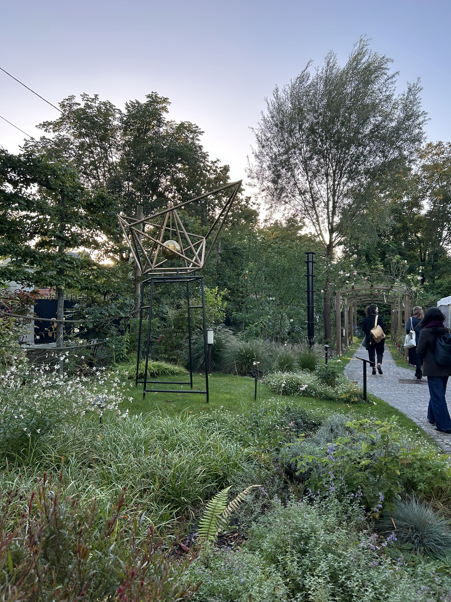 View of the garden of the MTO Sufi Art and Culture Museum with a work by Younes Rahmoun, Markib-Habba (Barque-Graine), 2024